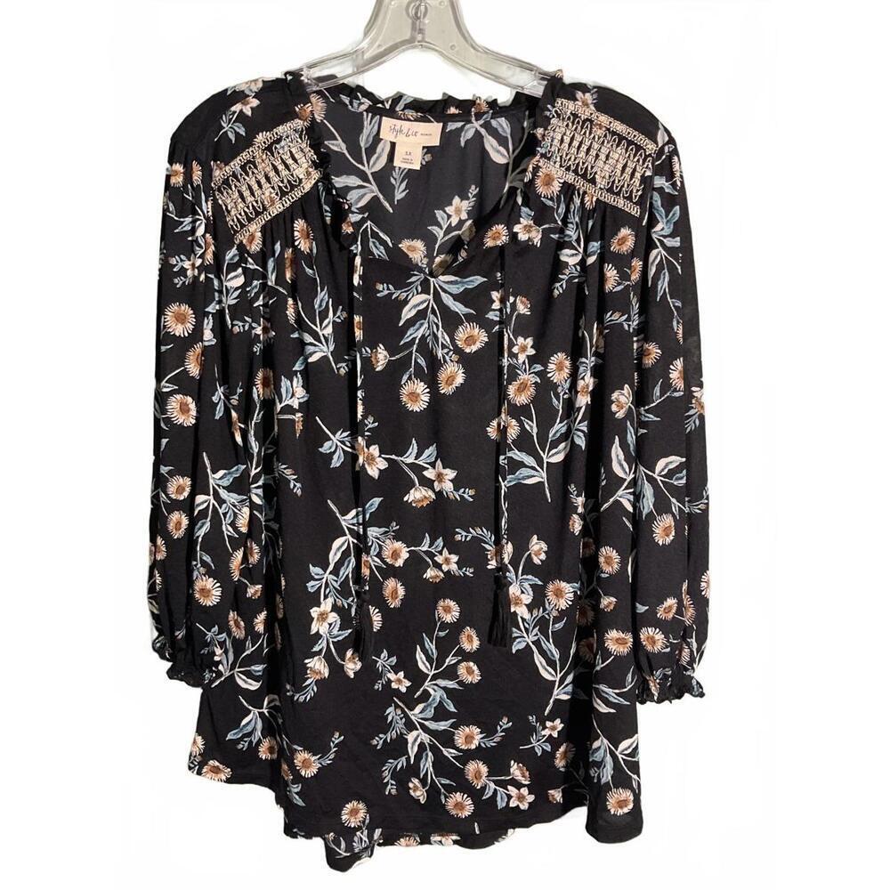 Style and Co.Floral 1X  Boho, Blouse with Smocked Shoulders Tassel Ties